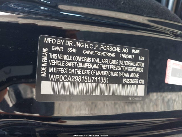 Aukcja sprzedaży 2005 Porsche Boxster, vin: WP0CA29815U711351, numer aukcji: 45891143