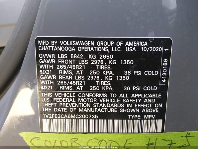 2021 Volkswagen Atlas Cross Sport 3.6l V6 Sel Premium R-line მანქანა იყიდება აუქციონზე, vin: 1V2FE2CA6MC200735, აუქციონის ნომერი: 45891148