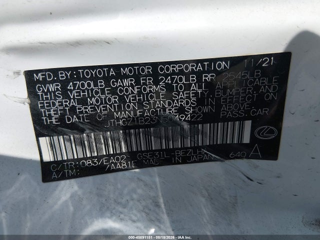 2022 Lexus Is 350 F Sport მანქანა იყიდება აუქციონზე, vin: JTHGZ1B23N5049422, აუქციონის ნომერი: 45891151