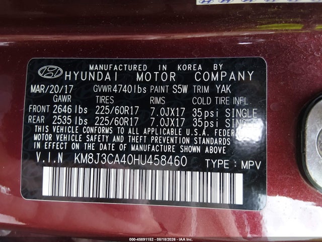 Продаж на аукціоні авто 2017 Hyundai Tucson Se Plus, vin: KM8J3CA40HU458460, номер лоту: 45891152