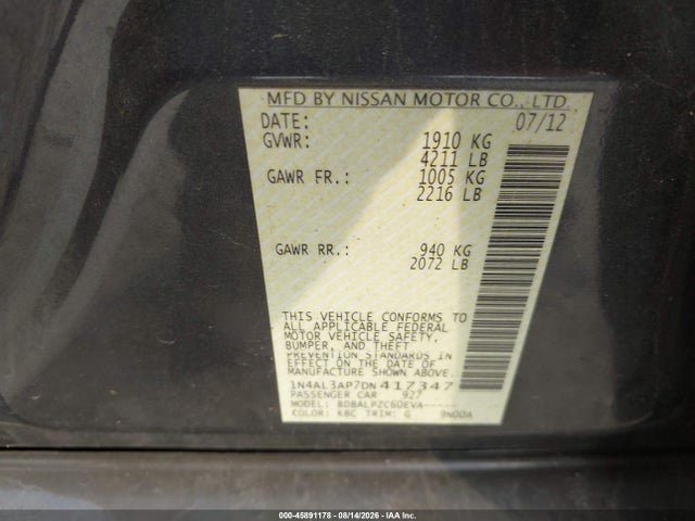 2013 Nissan Altima 2.5 მანქანა იყიდება აუქციონზე, vin: 1N4AL3AP7DN417347, აუქციონის ნომერი: 45891178