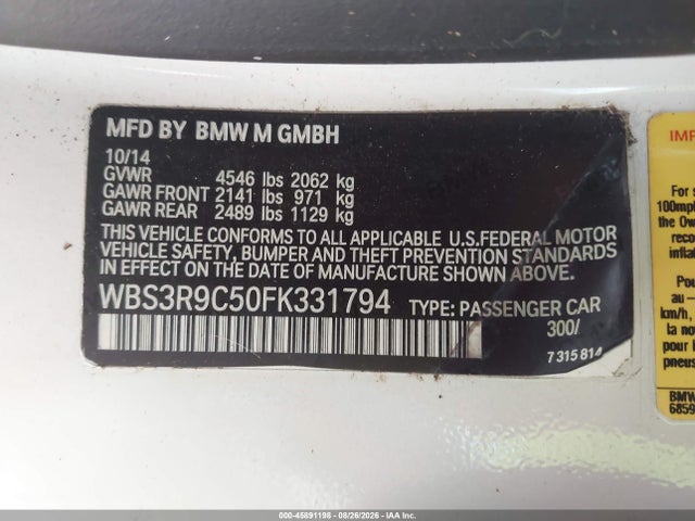Auction sale of the 2015 Bmw M4, vin: WBS3R9C50FK331794, lot number: 45891198
