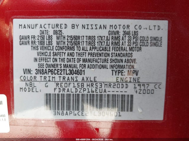 3N8AP6CE2TL304601 Nissan KICKS SV