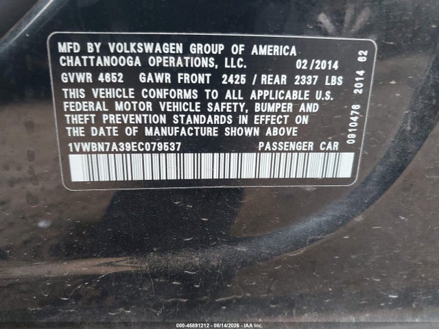 2014 Volkswagen Passat 2.0l Tdi Se მანქანა იყიდება აუქციონზე, vin: 1VWBN7A39EC079537, აუქციონის ნომერი: 45891212