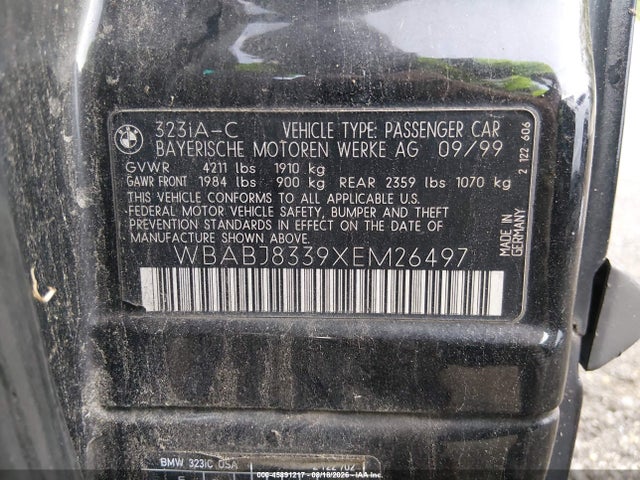 45891217 :رقم المزاد ، WBABJ8339XEM26497 vin ، 1999 Bmw 323ic مزاد بيع