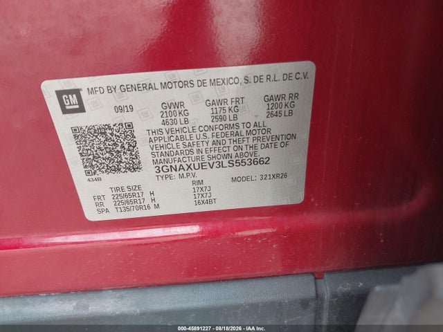 45891227 :رقم المزاد ، 3GNAXUEV3LS553662 vin ، 2020 Chevrolet Equinox Awd Lt 1.5l Turbo مزاد بيع
