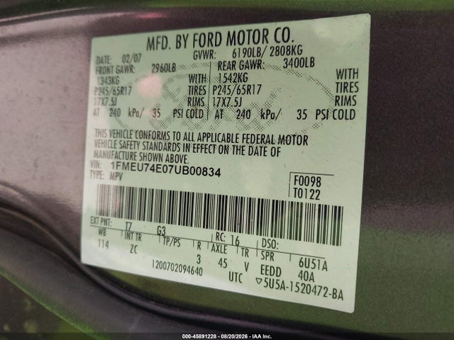 Продаж на аукціоні авто 2007 Ford Explorer Eddie Bauer, vin: 1FMEU74E07UB00834, номер лоту: 45891228