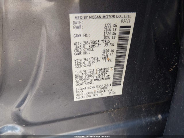 2021 Nissan Titan Sv 4x2 მანქანა იყიდება აუქციონზე, vin: 1N6AA1EE2MN522243, აუქციონის ნომერი: 45891229
