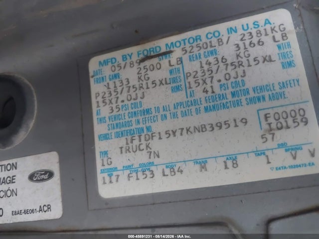 Aukcja sprzedaży 1989 Ford F150, vin: 1FTDF15Y7KNB39519, numer aukcji: 45891231
