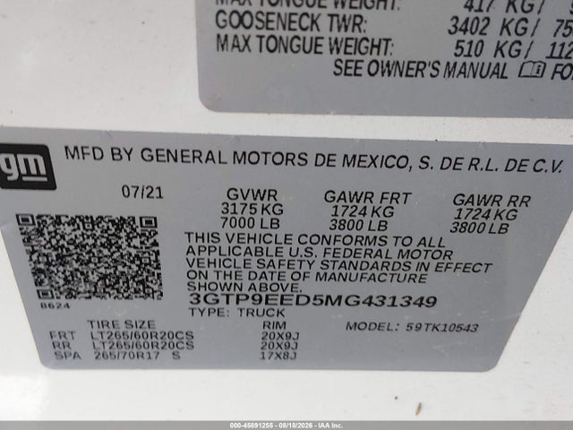 2021 Gmc Sierra 1500 4wd  Short Box At4 მანქანა იყიდება აუქციონზე, vin: 3GTP9EED5MG431349, აუქციონის ნომერი: 45891255