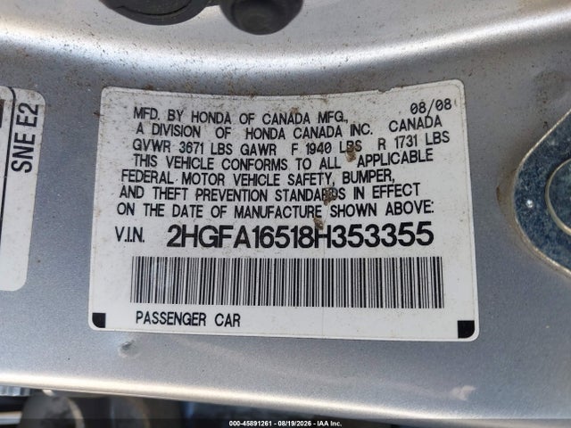2008 Honda Civic Lx მანქანა იყიდება აუქციონზე, vin: 2HGFA16518H353355, აუქციონის ნომერი: 45891261