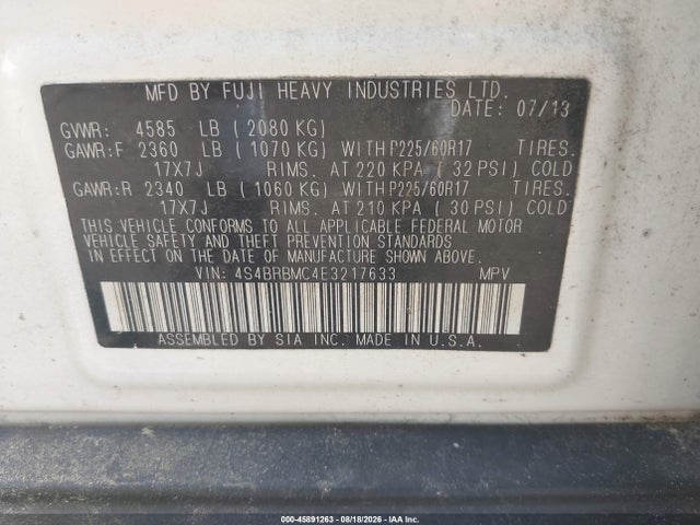 45891263 :رقم المزاد ، 4S4BRBMC4E3217633 vin ، 2014 Subaru Outback 2.5i Limited مزاد بيع
