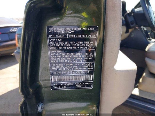 Aukcja sprzedaży 1998 Land Rover Range Rover Se 4.0, vin: SALPV1246WA399675, numer aukcji: 45891278