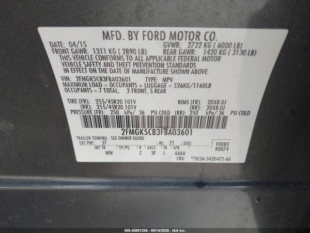 Ford FLEX SEL 2015 2FMGK5C83FBA03601 Image 9