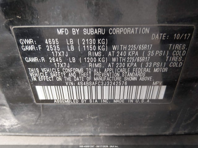 Продаж на аукціоні авто 2018 Subaru Outback 2.5i Premium, vin: 4S4BSAFC3J3242576, номер лоту: 45891287