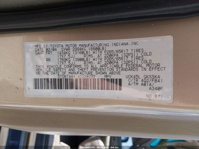 2004 Toyota Sequoia Sr5 V8 მანქანა იყიდება აუქციონზე, vin: 5TDBT44A14S220292, აუქციონის ნომერი: 45891302