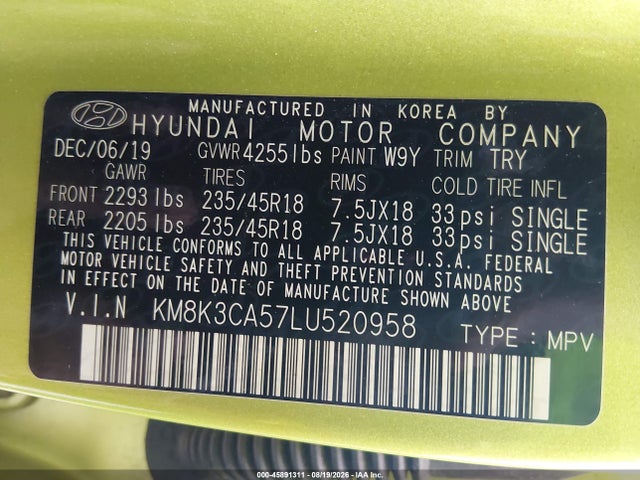 2020 Hyundai Kona Limited მანქანა იყიდება აუქციონზე, vin: KM8K3CA57LU520958, აუქციონის ნომერი: 45891311