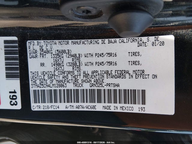 Продаж на аукціоні авто 2020 Toyota Tacoma Sr5 V6, vin: 3TMAZ5CN4LM128063, номер лоту: 45891316