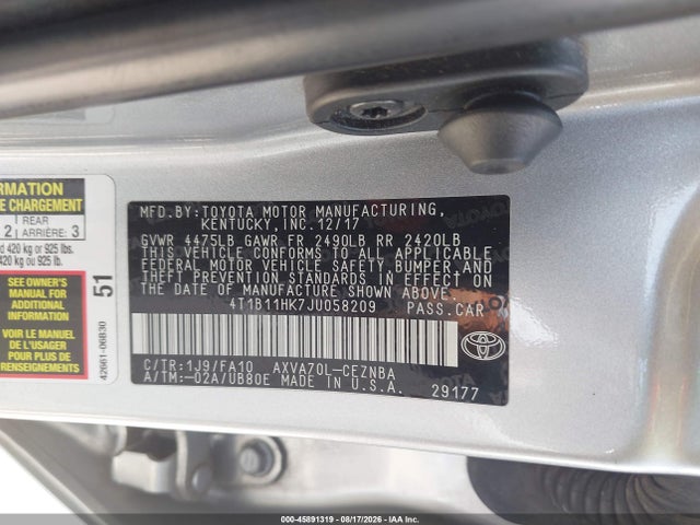 2018 Toyota Camry Le მანქანა იყიდება აუქციონზე, vin: 4T1B11HK7JU058209, აუქციონის ნომერი: 45891319