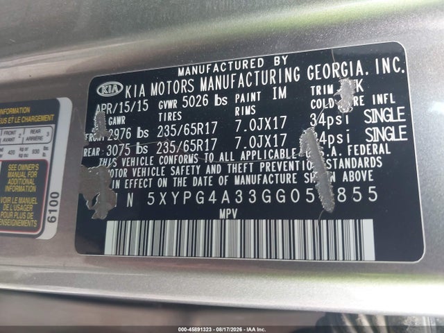 Продажа на аукционе авто 2016 Kia Sorento 2.4l Lx, vin: 5XYPG4A33GG053855, номер лота: 45891323