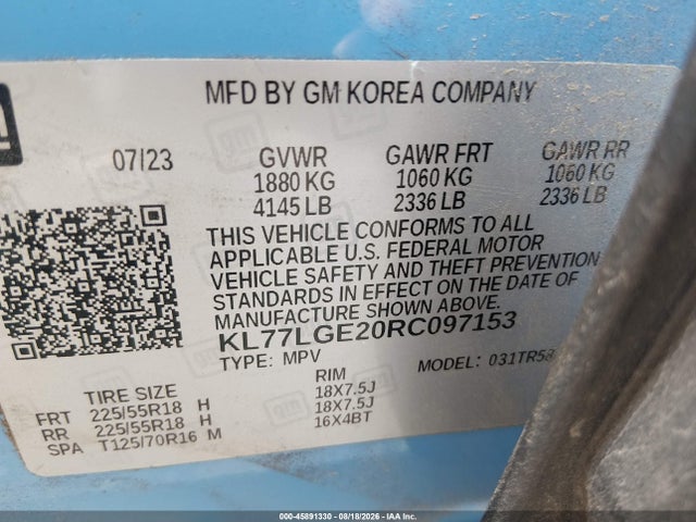 45891330 :رقم المزاد ، KL77LGE20RC097153 vin ، 2024 Chevrolet Trax Fwd 1rs مزاد بيع