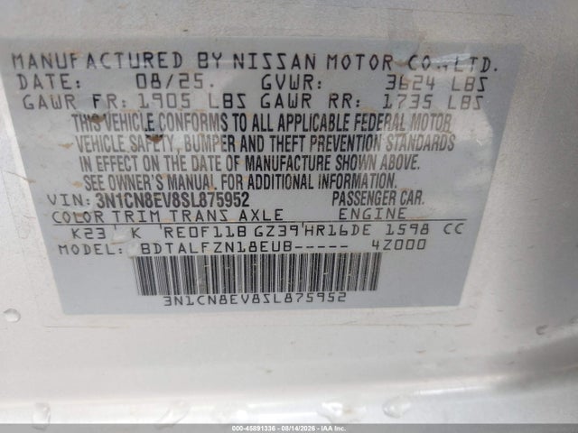 Aukcja sprzedaży 2025 Nissan Versa 1.6 Sv, vin: 3N1CN8EV8SL875952, numer aukcji: 45891336