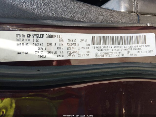 2012 Dodge Durango Sxt მანქანა იყიდება აუქციონზე, vin: 1C4RDHAG9CC235781, აუქციონის ნომერი: 45891340