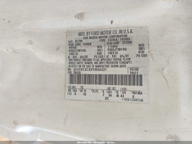 Aukcja sprzedaży 1999 Mazda B2500, vin: 4F4YR12CXXTM26221, numer aukcji: 45891364