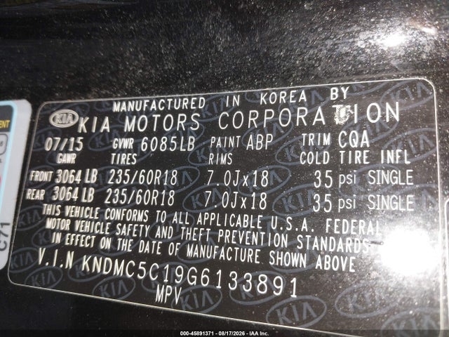 Aukcja sprzedaży 2016 Kia Sedona Ex, vin: KNDMC5C19G6133891, numer aukcji: 45891371