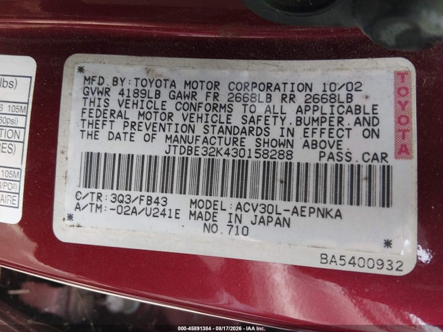 Aukcja sprzedaży 2003 Toyota Camry Le, vin: JTDBE32K430158288, numer aukcji: 45891384