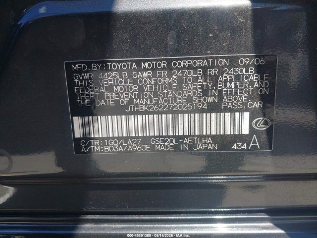 45891388 :رقم المزاد ، JTHBK262272025194 vin ، 2007 Lexus Is 250 مزاد بيع