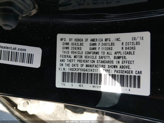Aukcja sprzedaży 2016 Honda Accord Touring, vin: 1HGCR3F9XGA034317, numer aukcji: 45891392