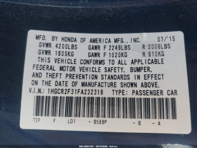 Honda ACCORD LX 2015 1HGCR2F31FA232319 Image 9