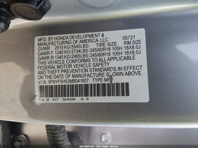 2021 Honda Pilot 2wd Ex-l მანქანა იყიდება აუქციონზე, vin: 5FNYF5H52MB041607, აუქციონის ნომერი: 45891401