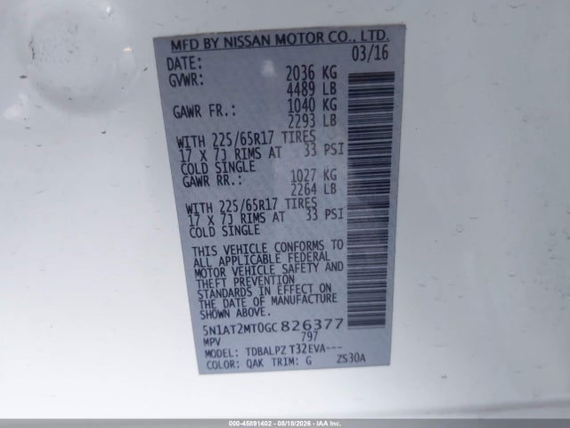 Продаж на аукціоні авто 2016 Nissan Rogue S, vin: 5N1AT2MT0GC826377, номер лоту: 45891402