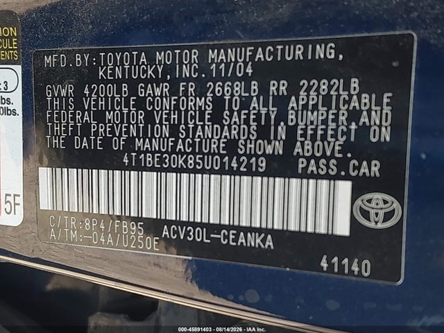 Auction sale of the 2005 Toyota Camry Le, vin: 4T1BE30K85U014219, lot number: 45891403