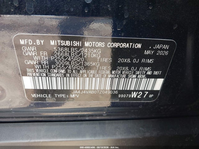 Aukcja sprzedaży 2026 Mitsubishi Outlander Le 2.5 S-awc/ralliart 2.5 S-awc/se 2.5 S-awc/trail Edition 2.5 S-awc, vin: JA4J4VAB0TZ049036, numer aukcji: 45891406