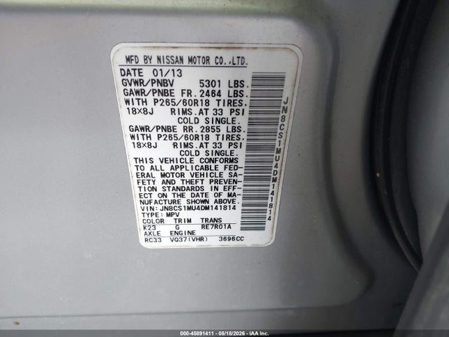 Продажа на аукционе авто 2013 Infiniti Fx37, vin: JN8CS1MU4DM141814, номер лота: 45891411