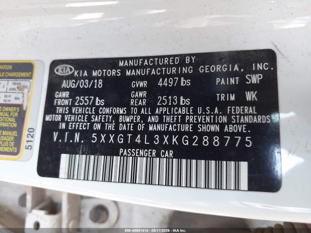 Продажа на аукционе авто 2019 Kia Optima Lx, vin: 5XXGT4L3XKG288775, номер лота: 45891414