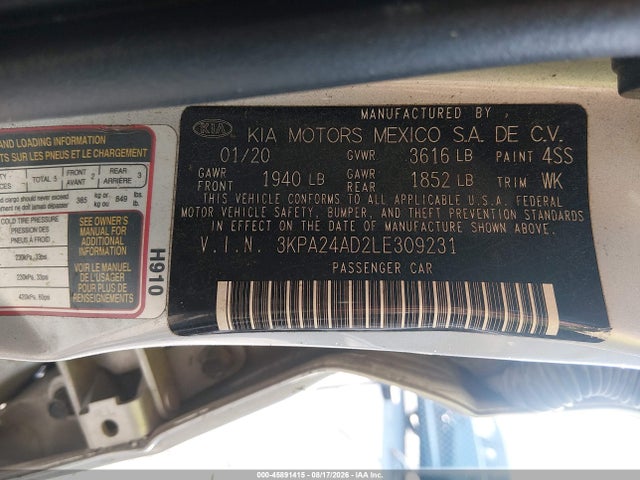 2020 Kia Rio Lx მანქანა იყიდება აუქციონზე, vin: 3KPA24AD2LE309231, აუქციონის ნომერი: 45891415