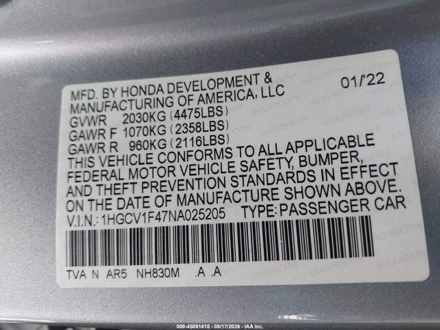 Aukcja sprzedaży 2022 Honda Accord Sport Special Edition, vin: 1HGCV1F47NA025205, numer aukcji: 45891418