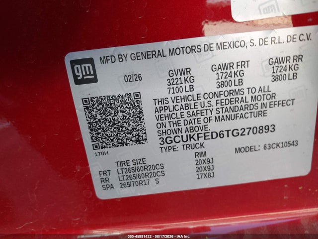 45891422 :رقم المزاد ، 3GCUKFED6TG270893 vin ، 2026 Chevrolet Silverado 1500 4wd  Short Bed Lt Trail Boss مزاد بيع
