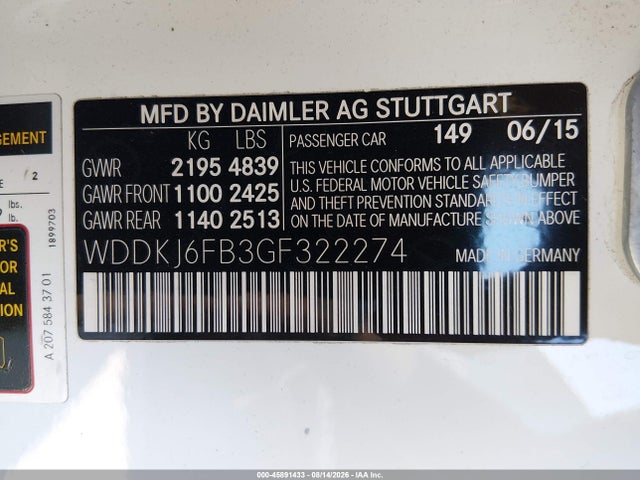 45891433 :رقم المزاد ، WDDKJ6FB3GF322274 vin ، 2016 Mercedes-benz E 400 مزاد بيع