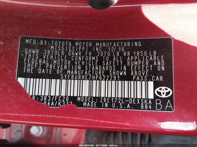 Toyota COROLLA SE 2017 5YFBURHE7HP622291 Image 9