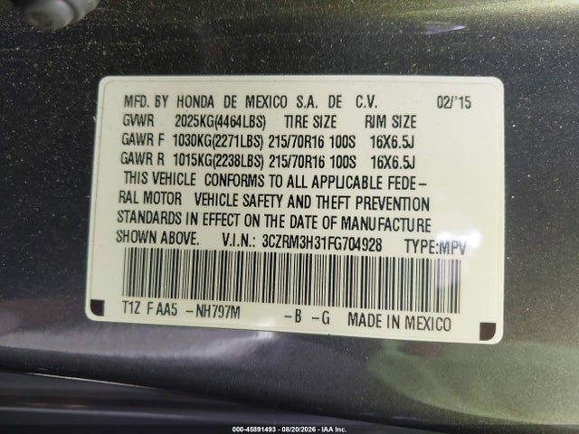 Продаж на аукціоні авто 2015 Honda Cr-v Lx, vin: 3CZRM3H31FG704928, номер лоту: 45891493
