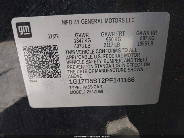 2023 Chevrolet Malibu Fwd 1lt მანქანა იყიდება აუქციონზე, vin: 1G1ZD5ST2PF141166, აუქციონის ნომერი: 45891501