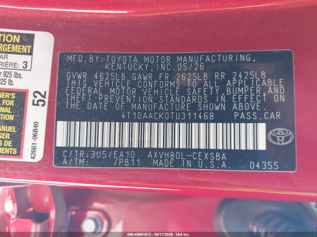 2026 Toyota Camry Se მანქანა იყიდება აუქციონზე, vin: 4T1DAACK0TU311468, აუქციონის ნომერი: 45891512