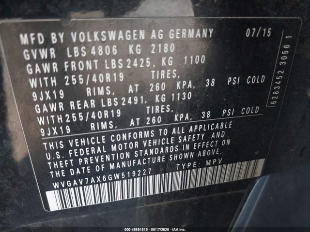 Aukcja sprzedaży 2016 Volkswagen Tiguan R-line, vin: WVGAV7AX6GW519227, numer aukcji: 45891515