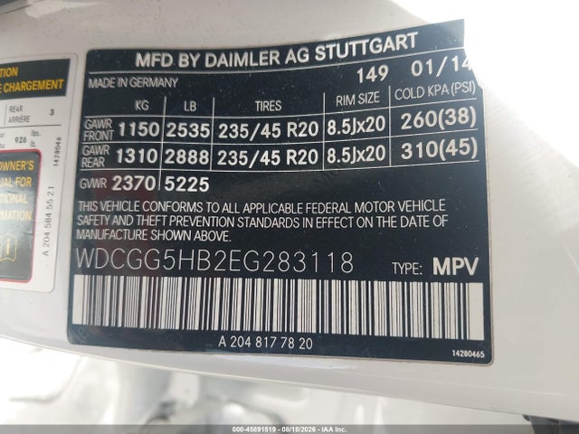 45891519 :رقم المزاد ، WDCGG5HB2EG283118 vin ، 2014 Mercedes-benz Glk 350 مزاد بيع