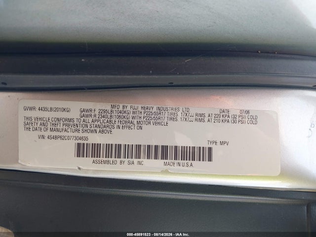45891523 :رقم المزاد ، 4S4BP62C077304635 vin ، 2007 Subaru Outback 2.5i Limited مزاد بيع